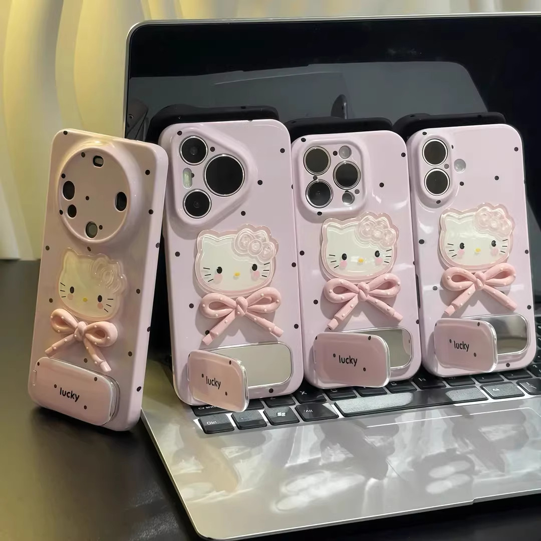 波点蝴蝶结适用苹果华为荣耀oppovivo小米17promax手机壳镜子支架Reno15新品超好看保护壳Mate80可爱独特外壳