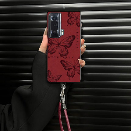 红色蝴蝶小羊皮折叠壳适用荣耀magicvs手机壳magicvs2折叠屏新款超薄全包防摔保护套VS3女款高级感带挂绳外壳