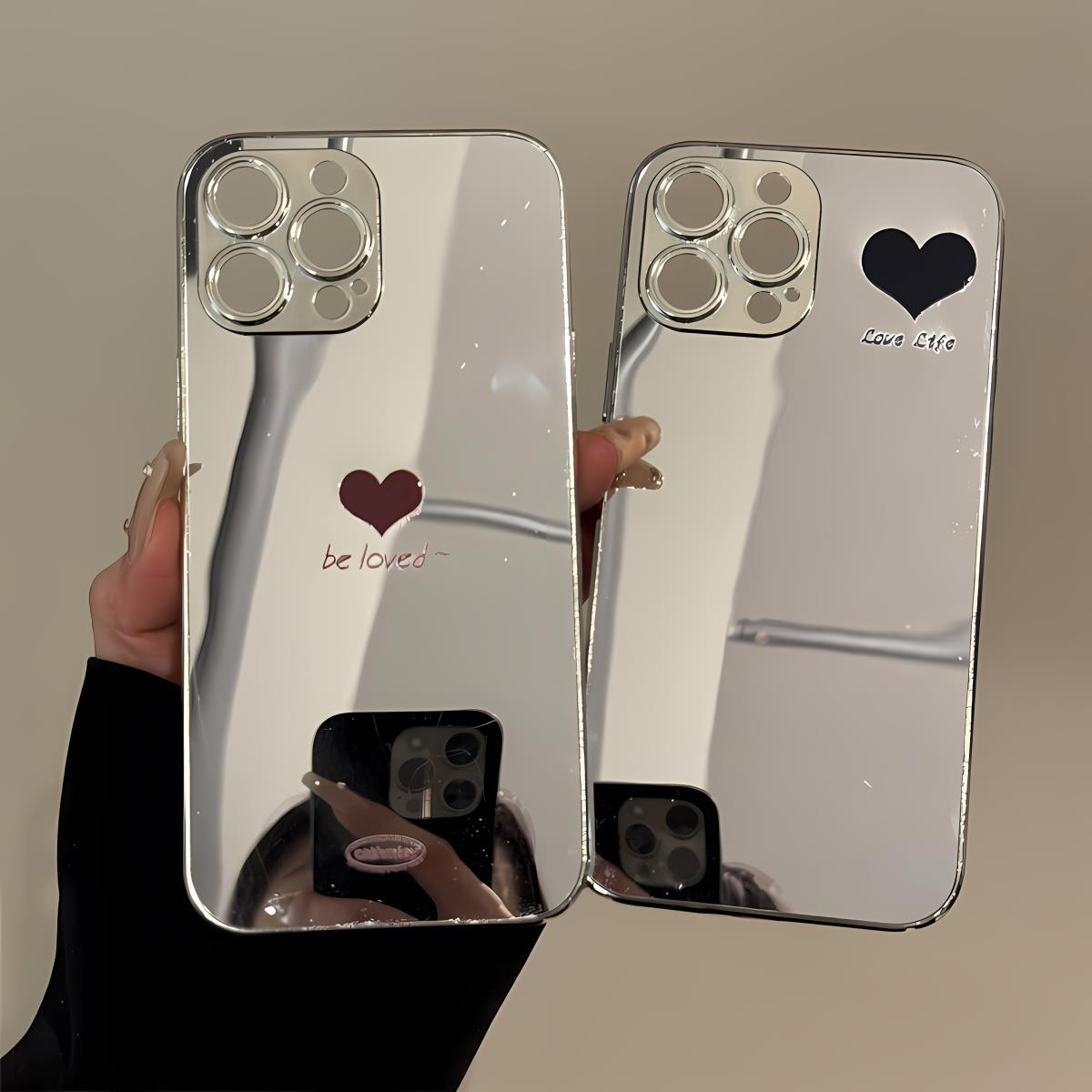 黑色爱心电镀银镜面壳适用苹果16promax手机壳iPhone15新款高级感2025网红爆款16pro独特超好看防摔女款外壳