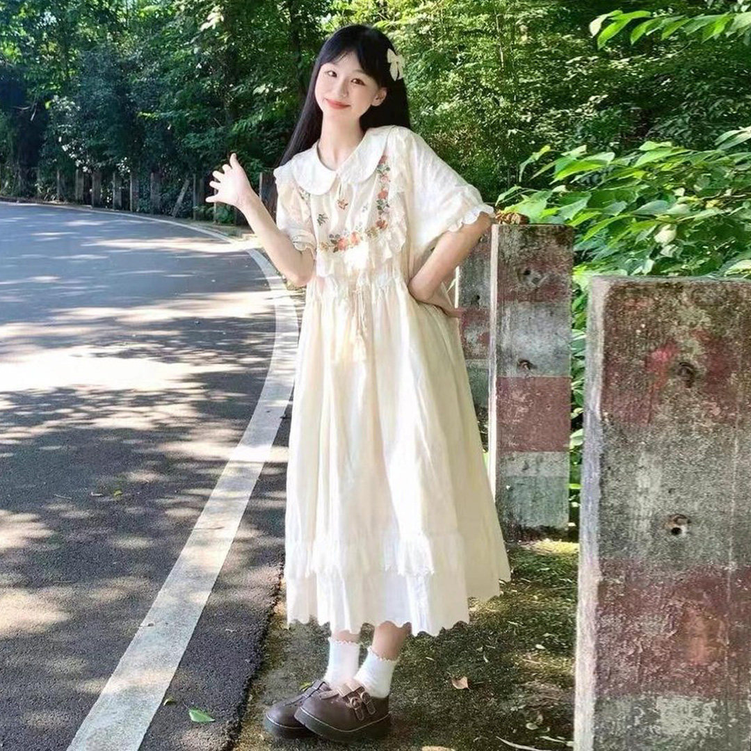 胖女童大童连衣裙夏装初高中学生宽松显瘦甜美碎花刺绣森系公主裙