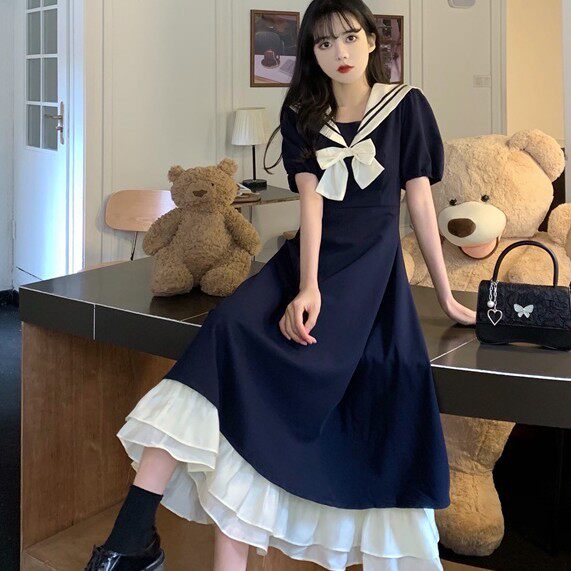 学院海军风连衣裙女大童夏装初高中生大码胖mm遮肚显瘦洛丽塔长裙