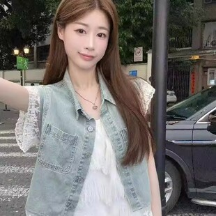 胖女大童学生蕾丝拼接牛仔马甲女薄款防晒衫宽松显瘦外搭坎肩背心