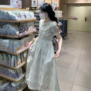 法式甜美碎花连衣裙女大童夏季初高中生收腰中长裙清新气质学院风