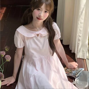 学院海军风条纹短袖连衣裙女大童夏季初高中生高级感收腰气质长裙