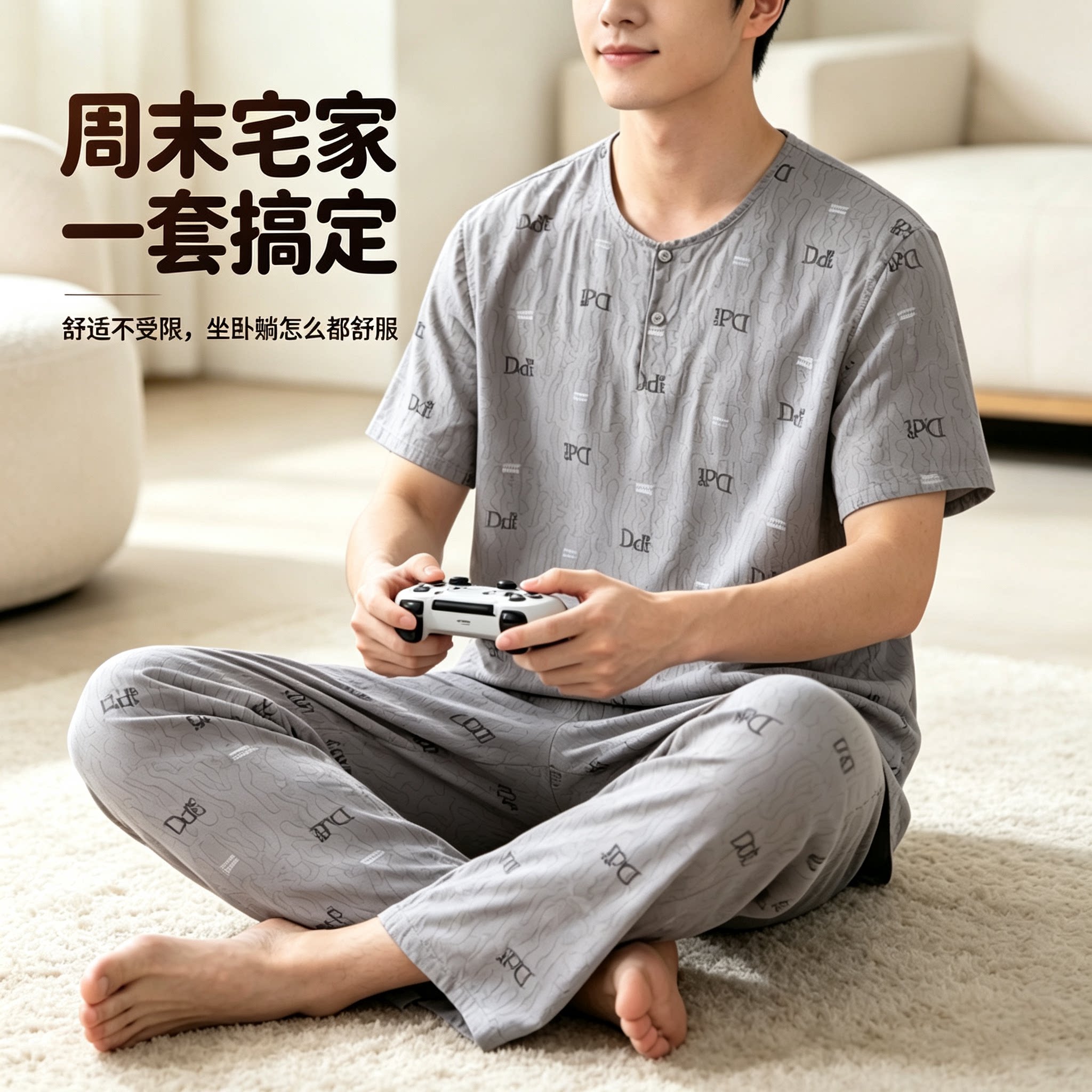 男士短袖长裤套装夏季家居服加肥加大人造棉棉绸睡衣薄款中老年人