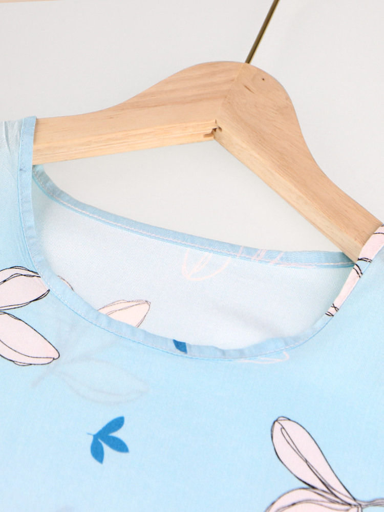 여름 여성 면 실크 얇은 캐주얼 라운드 넥 잠옷 가정 및 실외 착용 인공 면화 느슨한 반팔 탑 에어컨 의류