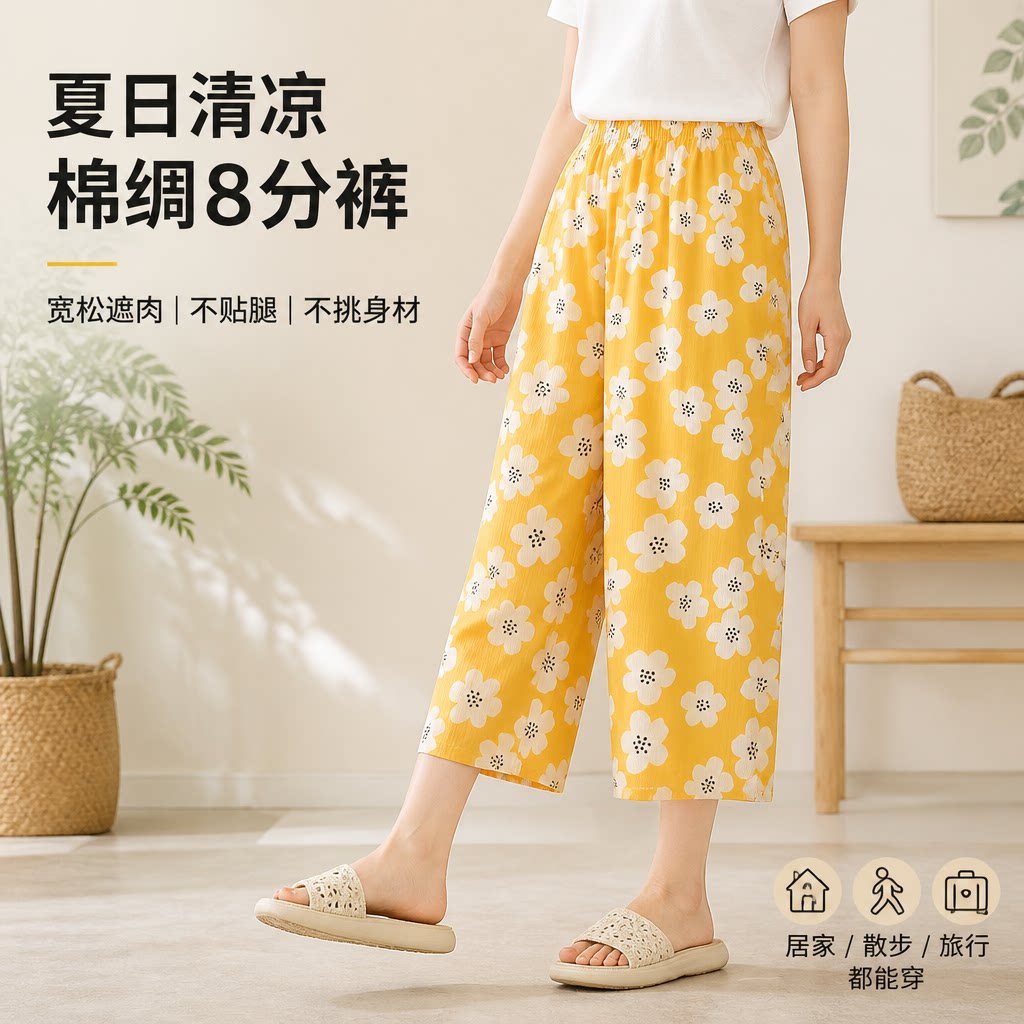 夏季女棉绸薄款透气八分家居裤