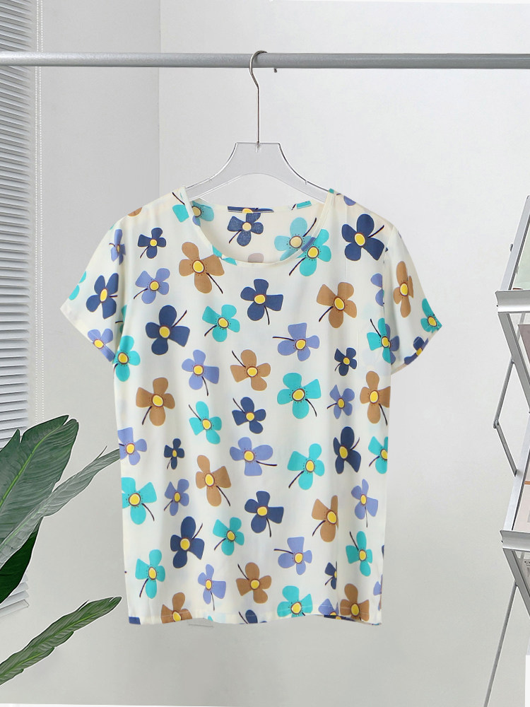 여름 여성 면 실크 얇은 캐주얼 라운드 넥 잠옷 가정 및 실외 착용 인공 면화 느슨한 반팔 탑 에어컨 의류