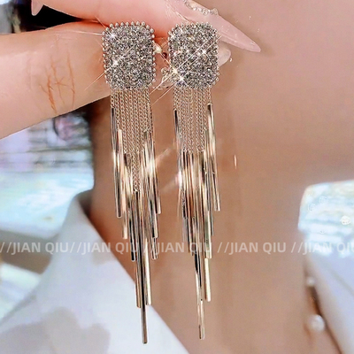 时尚复古咖色流苏镶钻长款耳环
