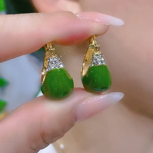 时尚 牛油果绿小清新复古镶钻耳环S925纯银针高级感滴釉耳扣女耳环