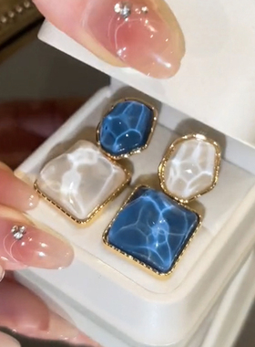 风格轻奢蓝色女王不对称几何方形耳环S925银针高级感复古港风耳饰