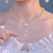 百搭颈链轻奢女锁骨链 项链新款 优雅气质白色花朵淡水珍珠法式 时尚