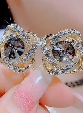 灰色气质小巧精致耳钉奢华S925纯银针高级感锆石镶钻耳环轻奢耳饰