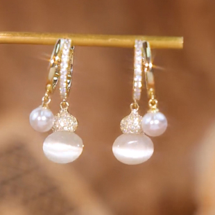 时尚 猫眼石珍珠葫芦微镶耳扣S925纯银针优雅高级感耳环气质女耳饰