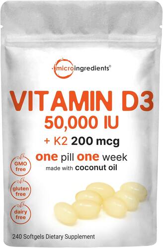 美国代购Vitamin D3 50,000 IU Plus K2 (MK-7) 200 mcg, 240 Vir