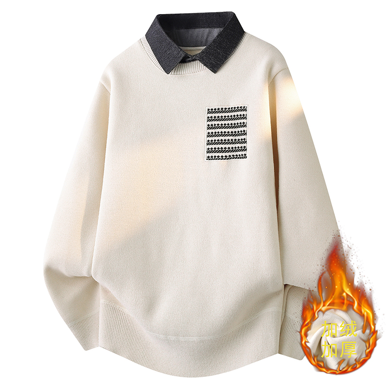 假两件衬衫领针织衫男加绒加厚保暖毛衣打底衫