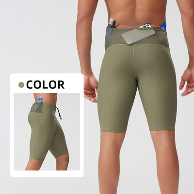 马拉松竞速跑步压缩抽条纹短裤男女紧身速干高弹运动五分裤手机仓