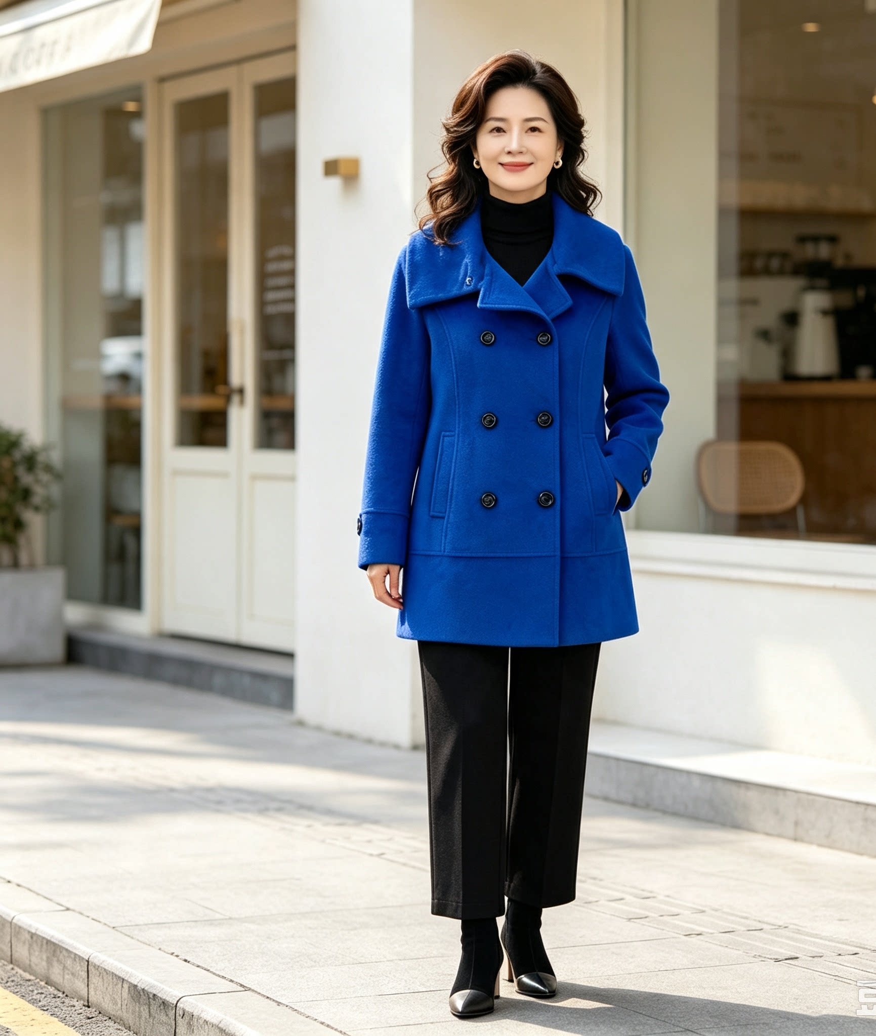 2026秋冬妈妈装宝蓝色外套女中年洋气显瘦双排扣大翻领短款大衣