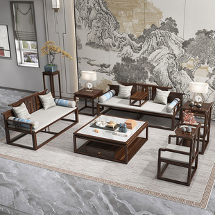 新中客式 厅实木沙发组合现代办公室接待罗汉床沙发别墅乌金木家具