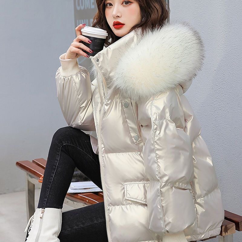 2026年冬季新款女装亮面连帽羽绒服加厚棉衣大毛领女