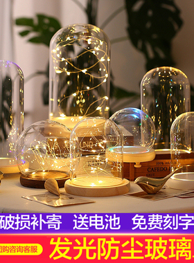 永生花铃兰花发光玻璃罩玫瑰花束积木拼装模型手办盲盒人偶防尘罩