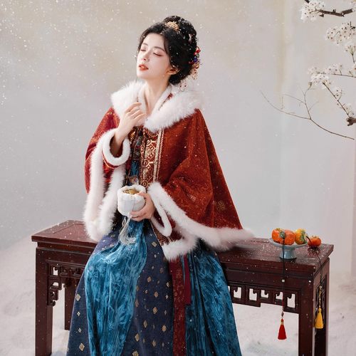 诗鸢唐制汉服红色保暖斗篷冬季