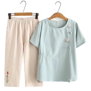 妈妈夏装 中老年人棉麻t恤上衣女母亲节60岁70岁奶奶衣服 短袖 套装