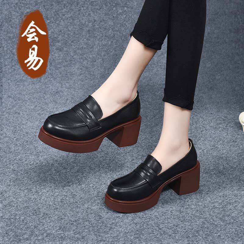 真皮小皮鞋女英伦风2024年春新款厚底高跟乐福鞋一脚蹬单鞋女鞋,女鞋,深口单鞋,淘宝优惠券,粉丝福利购,淘宝优惠卷