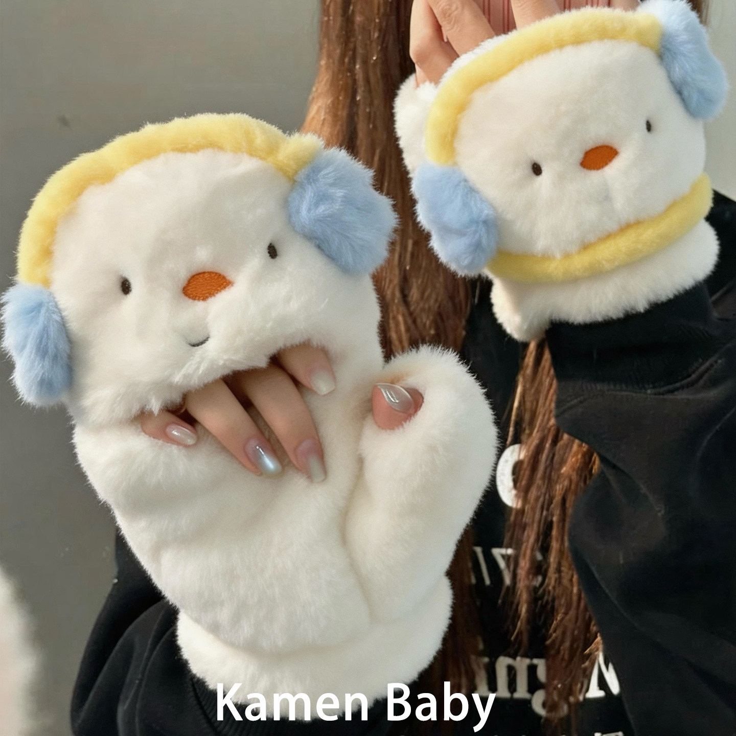 手套女生冬翻盖毛绒骑车骑行棉手套学生上学半指写字防寒保暖可爱