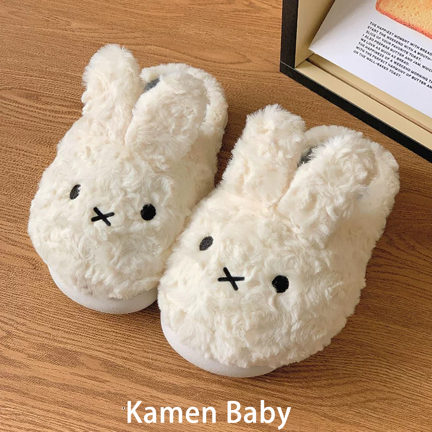 可爱小白兔毛绒拖鞋女冬季家居室内加绒保暖毛毛拖鞋外穿厚底防滑