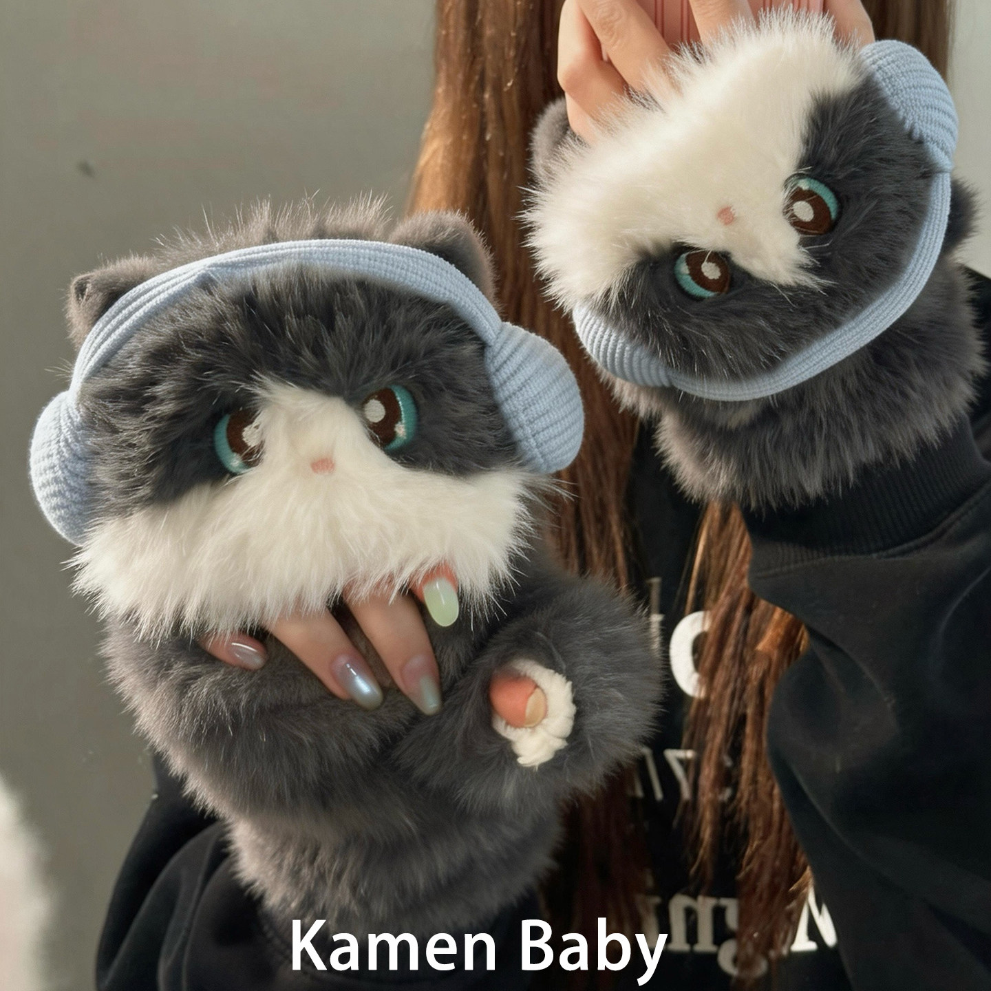 耳机小猫翻盖手套女生冬骑行棉手套学生上学半指写字防寒保暖可爱