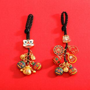 钥匙扣沙金铜财神爷一家三口四口吞金兽古法金挂饰汽车钥匙链挂件