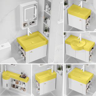 侧开放格储物柜小户型挂墙式实木浴室柜陶瓷洗脸盆洗手池黄色面盆