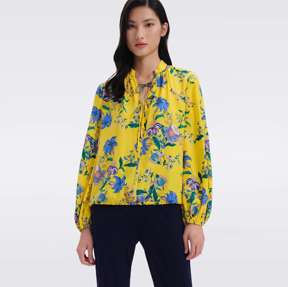 DVF衬衫宽松桑蚕丝蝴蝶领子长袖