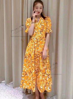 DVF黄色清新菊花碎花棉质泡泡袖褶皱中长A字减龄连衣裙Erica