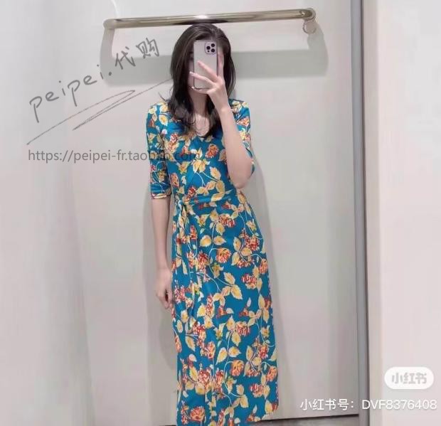 美国代购正品DVF2022秋真丝百搭束腰气质花卉甜美MIDI印花连衣裙