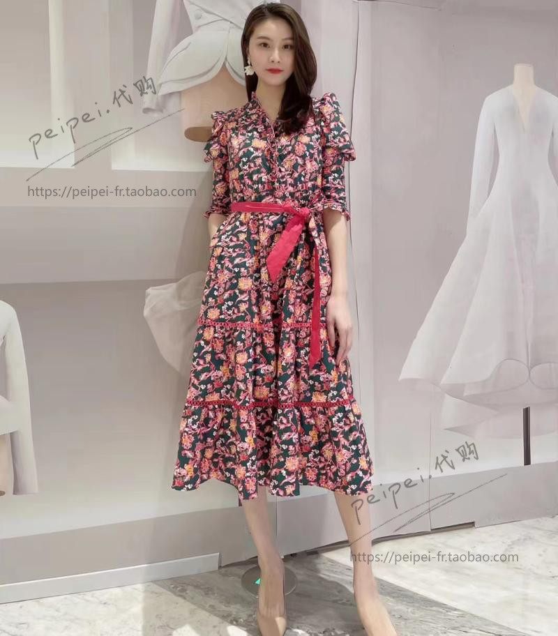 人气推荐dvf植物印花荷叶边束腰v领蓬松肩抽褶七分袖中长款连衣裙