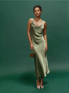 Reformation柔滑垂感荡领真丝雪纺鱼尾裙露背性感无袖2023连衣裙