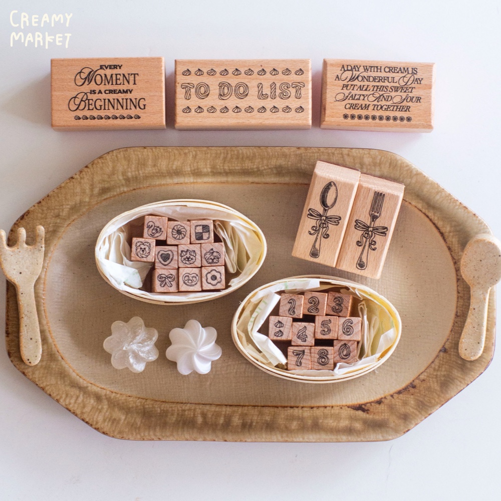 CreamyMarket一朵奶油数字系列甜品边框刀叉餐垫文字印章木质