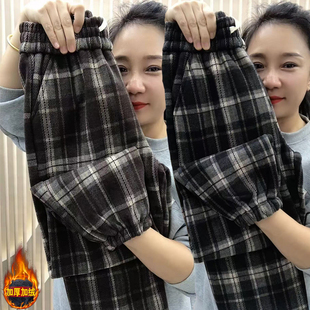 2025早春格子休闲裤 女士加绒加厚高腰宽松显瘦直筒束脚九分灯笼裤