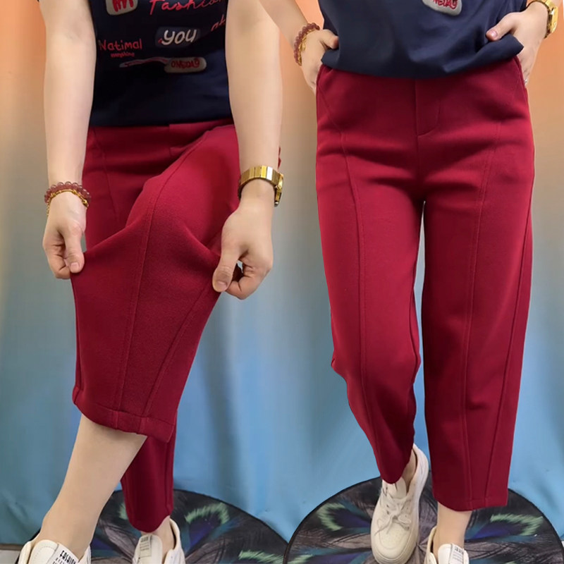 欧货早春新款休闲裤女高腰大码红色洋气百搭直筒小脚小个子九分裤