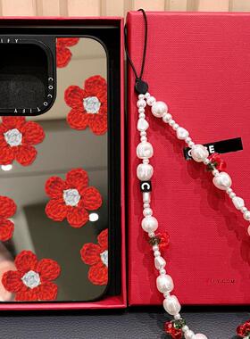 C家蔡依林红色钩针花适用iphone16手机壳15promax苹果14pro镜面17MagSafe磁吸13小众艺术12时尚plus女