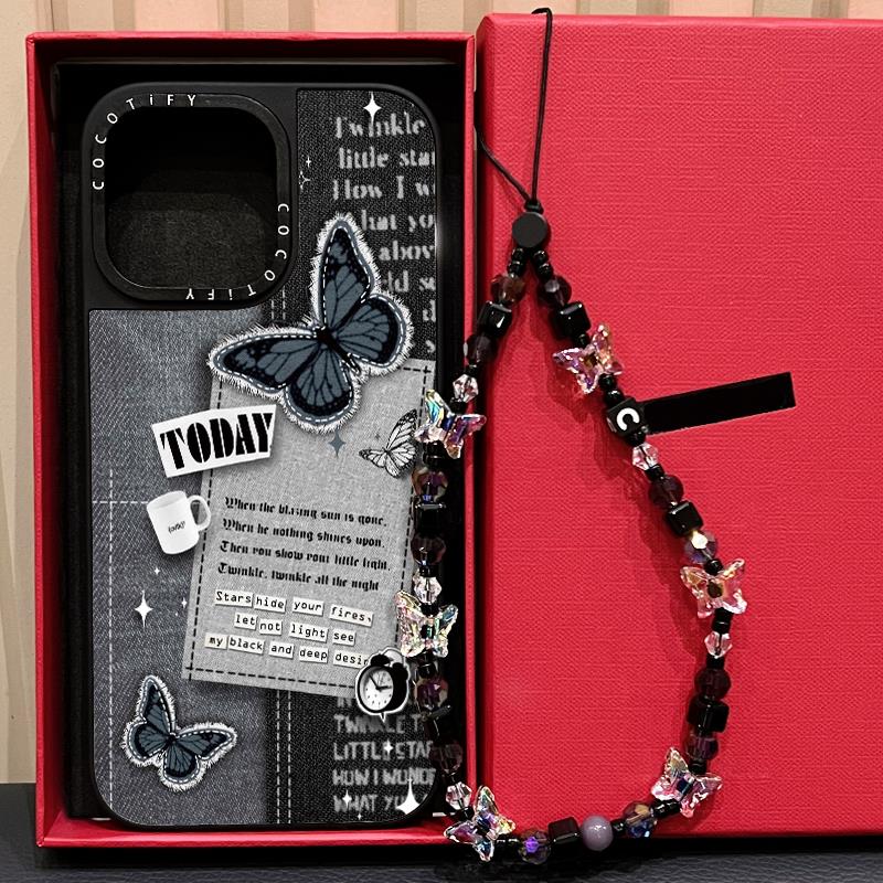 C家磁吸MagSafe牛仔布纹蝴蝶标签适用iphone16手机壳15promax苹果14pro复古艺术13保护套12新款17plus