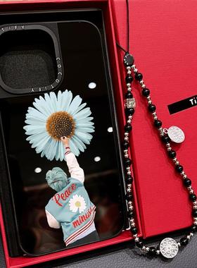 C家权志龙蓝色雏菊爱心适用苹果16promax17手机壳iphone15pro磁吸MagSafe潮牌14plus手链挂绳13新款12女