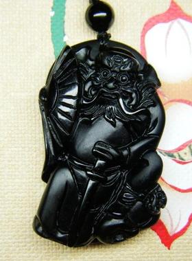 天然黑曜石钟馗项链吊坠