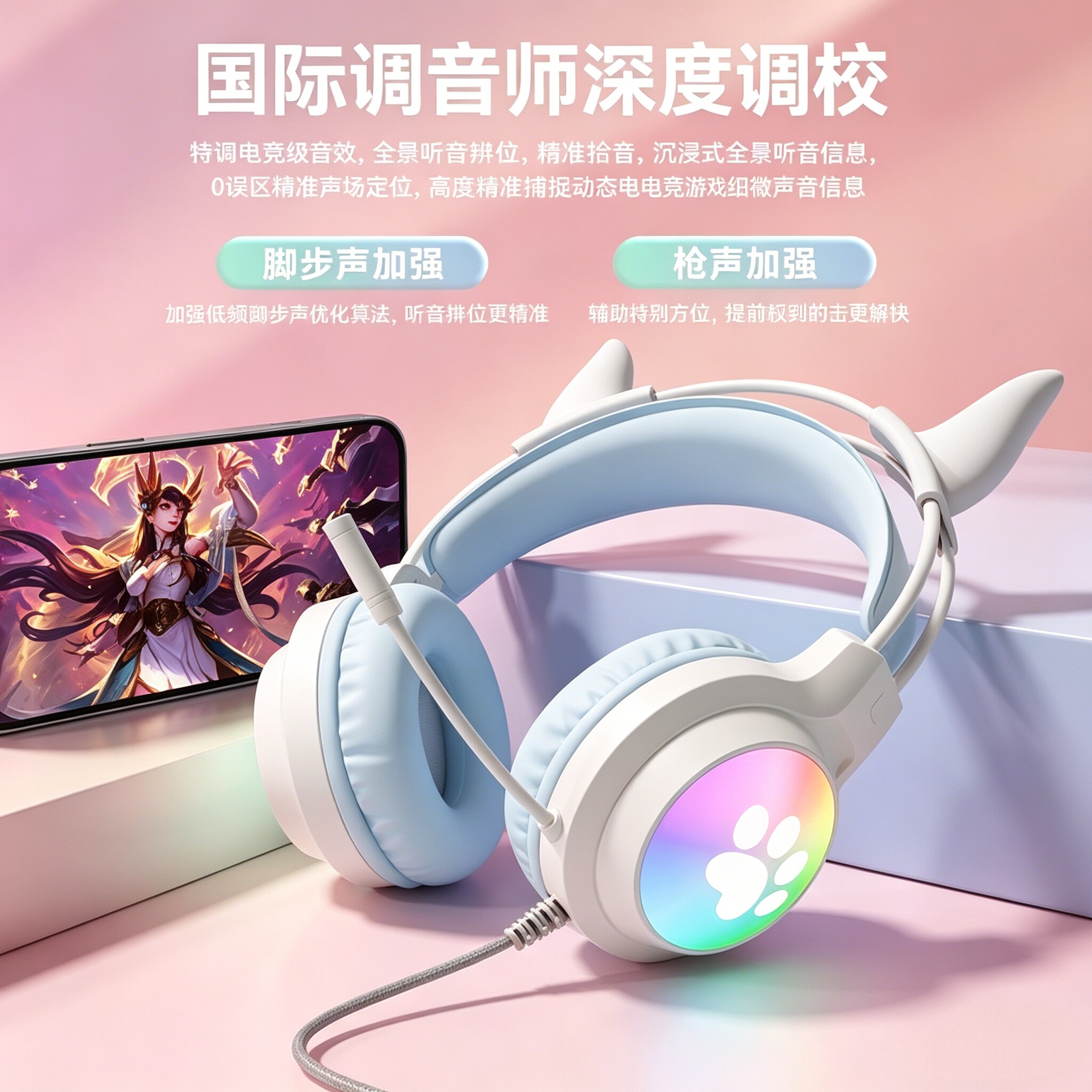 可爱小恶魔猫儿耳机有线笔记本电脑耳麦直播游戏电竞头戴式耳机