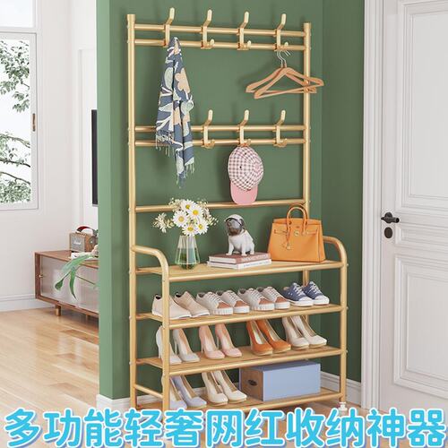 多功能网红衣帽架卧室客厅玄光转角置物架轻奢加粗鞋架家用挂包架