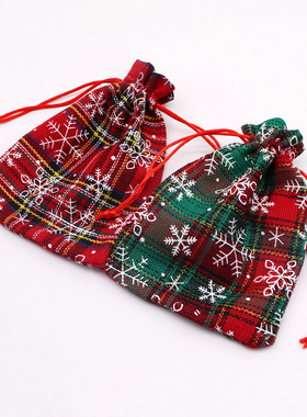 新款红绿色格子小布袋圣诞雪花棉布束口袋糖果小物件包装礼物袋子