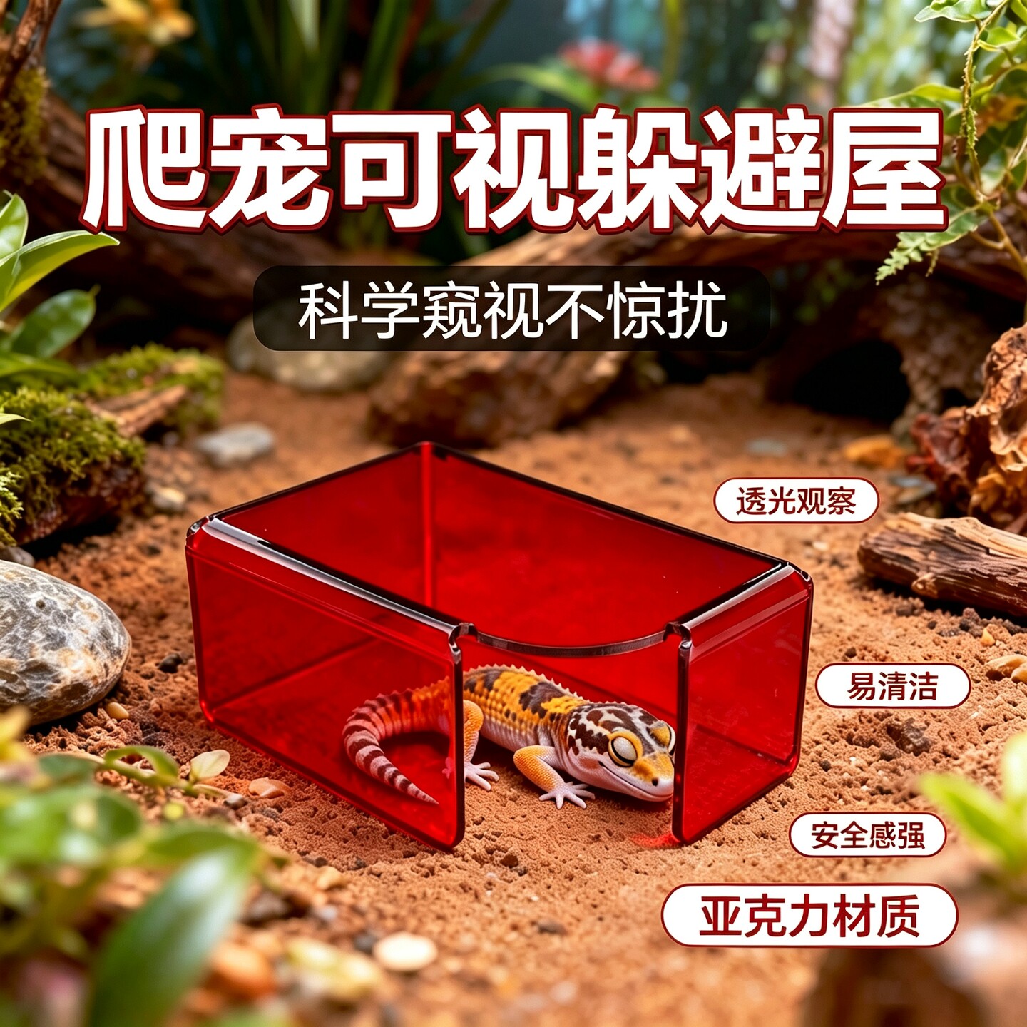 2026新款亚克力爬宠可视躲避屋睫角豹纹守宫仓鼠宠物蛇饲养箱造景