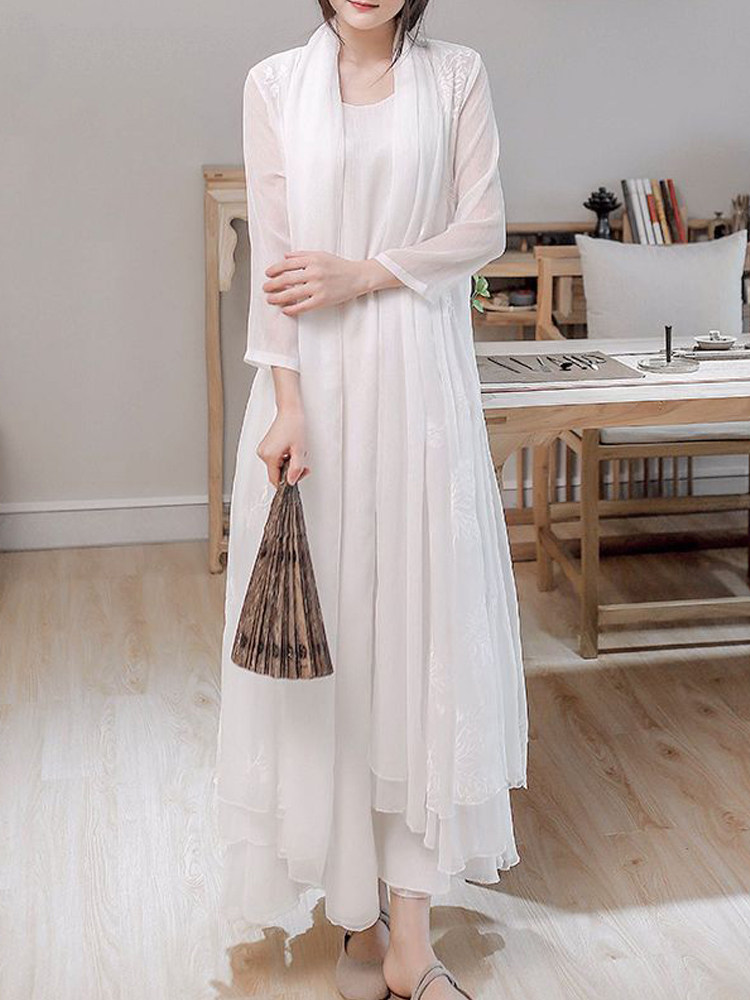 HANFU 여성의 여름 우아한 고대 스타일 가디건 차 선 의류 선녀 정신 선 스타일 및 중국 요소 중국 스타일 실크 드레스